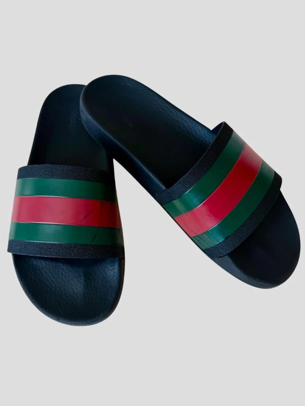 Gucci Web Rubber Slide Sandals Men 9 Black Green Red Stripe Beach Pool READ COND